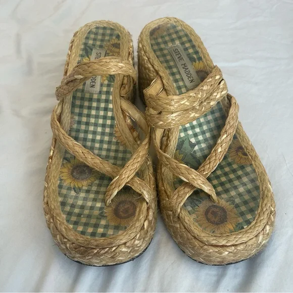 Y2K Steve Madden Chunky Platform Heels Sandals Woven Natural Fiber 6.5 - Picture 9 of 9